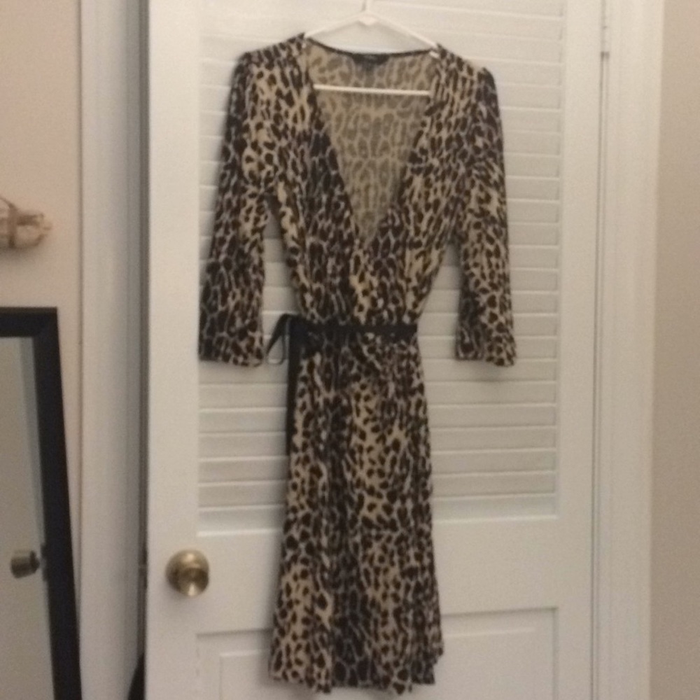 Animal print wrap dress with ribbon sash